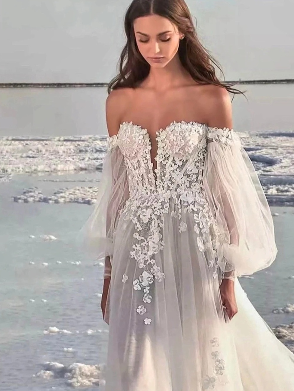 Romantic A-Line Off Shoulder Long Sleeves Fall Wedding Dress